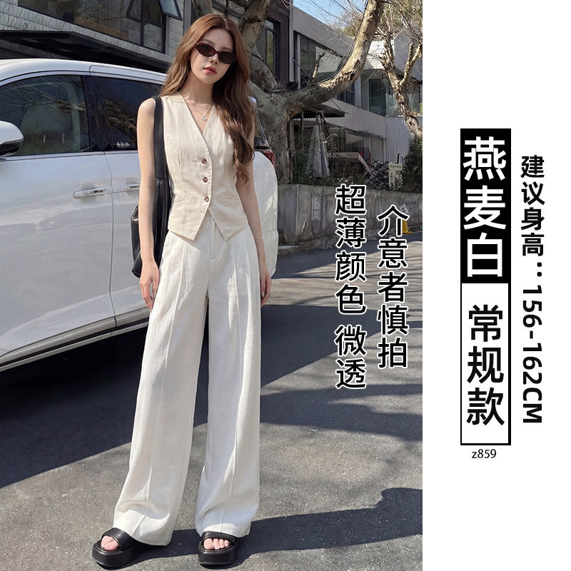 白色亚麻阔腿裤女夏季薄款高腰垂感老钱风宽松直筒休闲棉麻西装裤