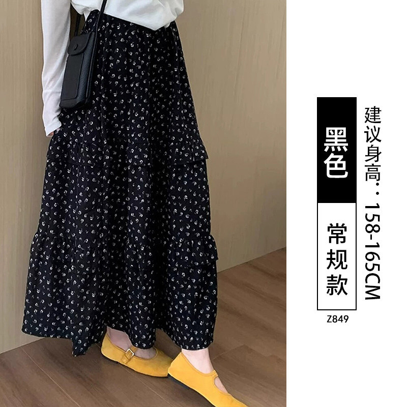 黑色碎花半身裙女秋2026新款高腰a字长裙小个子蓬蓬雪纺蛋糕裙子