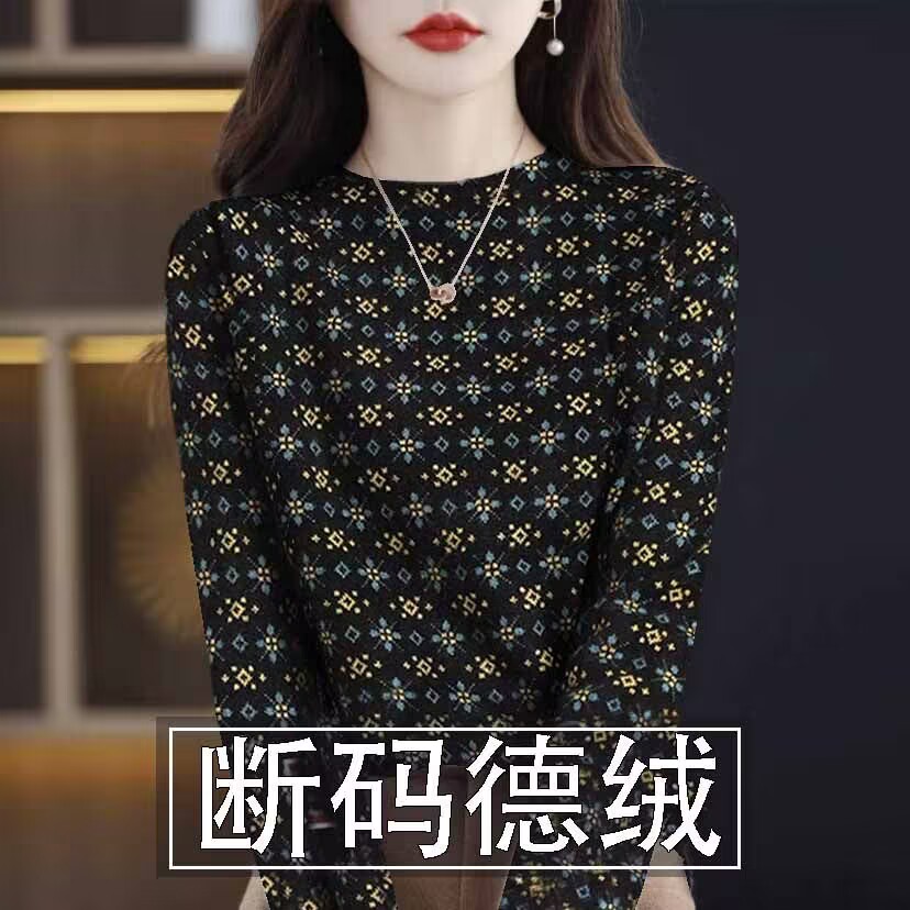 德绒保暖印花T恤女秋冬新款气质妈妈装宽松大码半高领套头打底衫