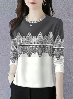 新品上新时髦圆领长袖打底衫女2025秋季时尚妈妈装遮肚洋气T恤衫