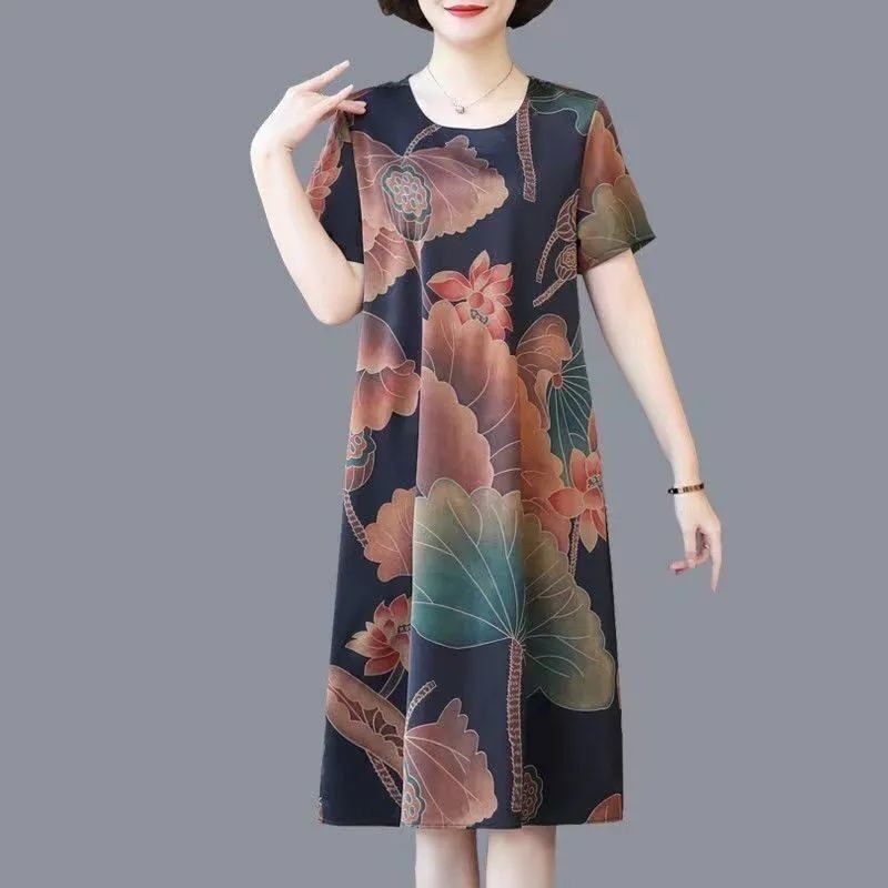 中老年妈妈装2023新款大码宽松遮肚子冰丝连衣裙夏时尚洋气中长裙