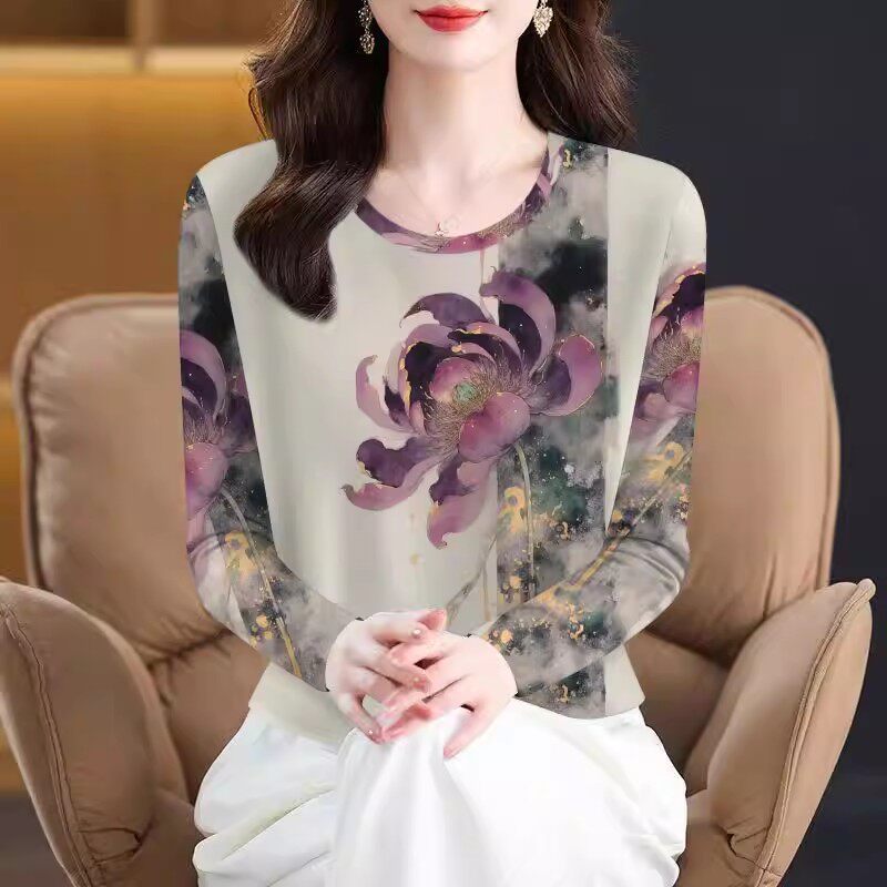 断码捡漏~高档印花剪标女装2026春秋新款减龄长袖遮肚T恤女上衣潮