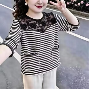 休闲宽松高级感条纹2026新款夏秋七分袖蕾丝拼接双口袋T恤上衣女