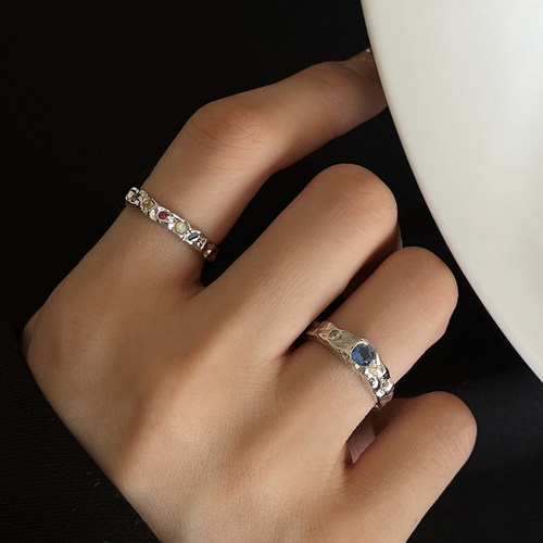 褶皱肌理彩色锆石纯银戒指冷淡风
