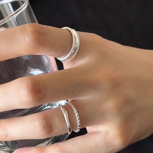 极简冷淡风螺纹光面双层纯银戒指