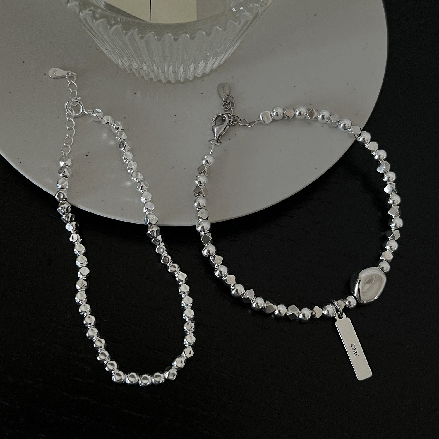 s925纯银百搭重工手链碎银子石头个性小方块串珠手链小众设计ins