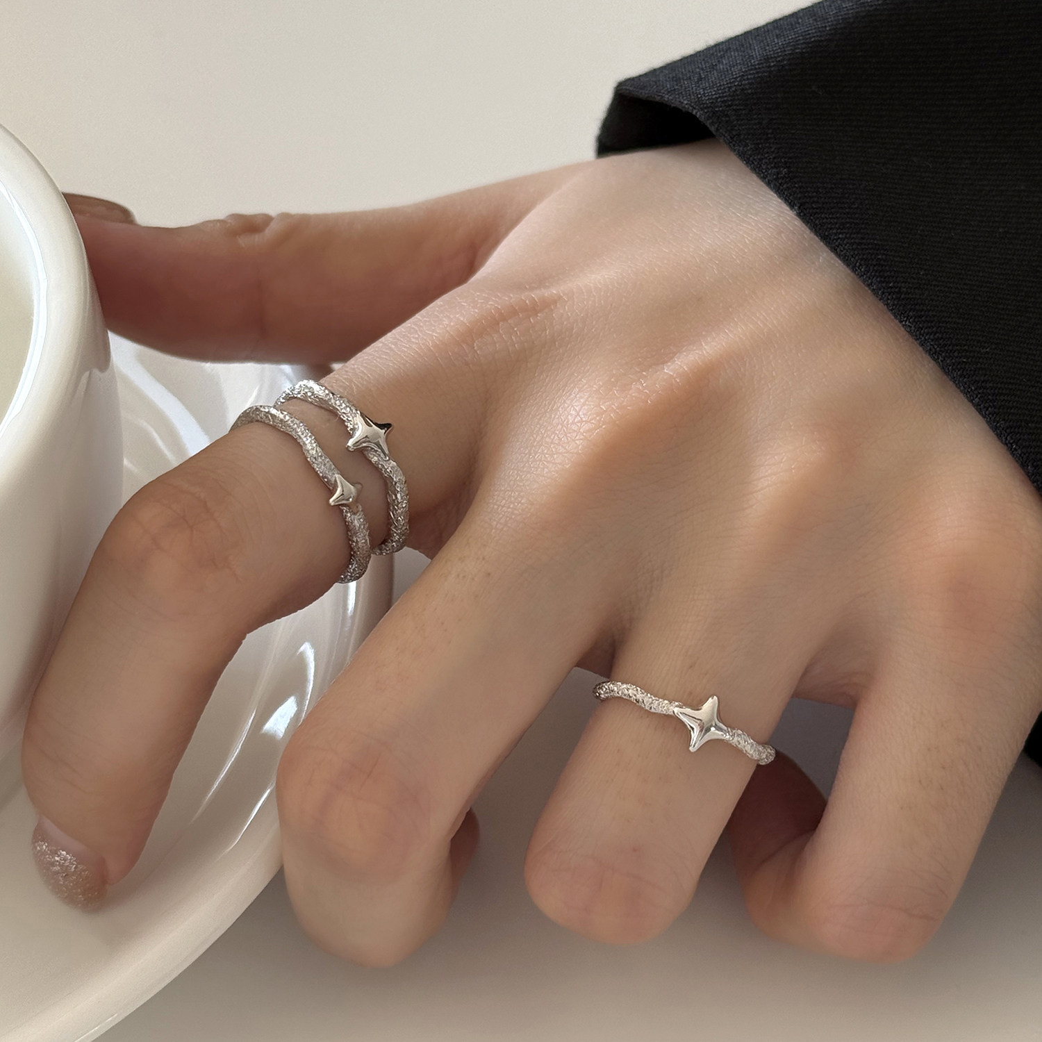 S925纯银双层设计感星星开口戒指