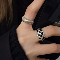 S925纯银设计戒指女小众轻奢时尚个姓黑白棋盘格食指银指环日韩