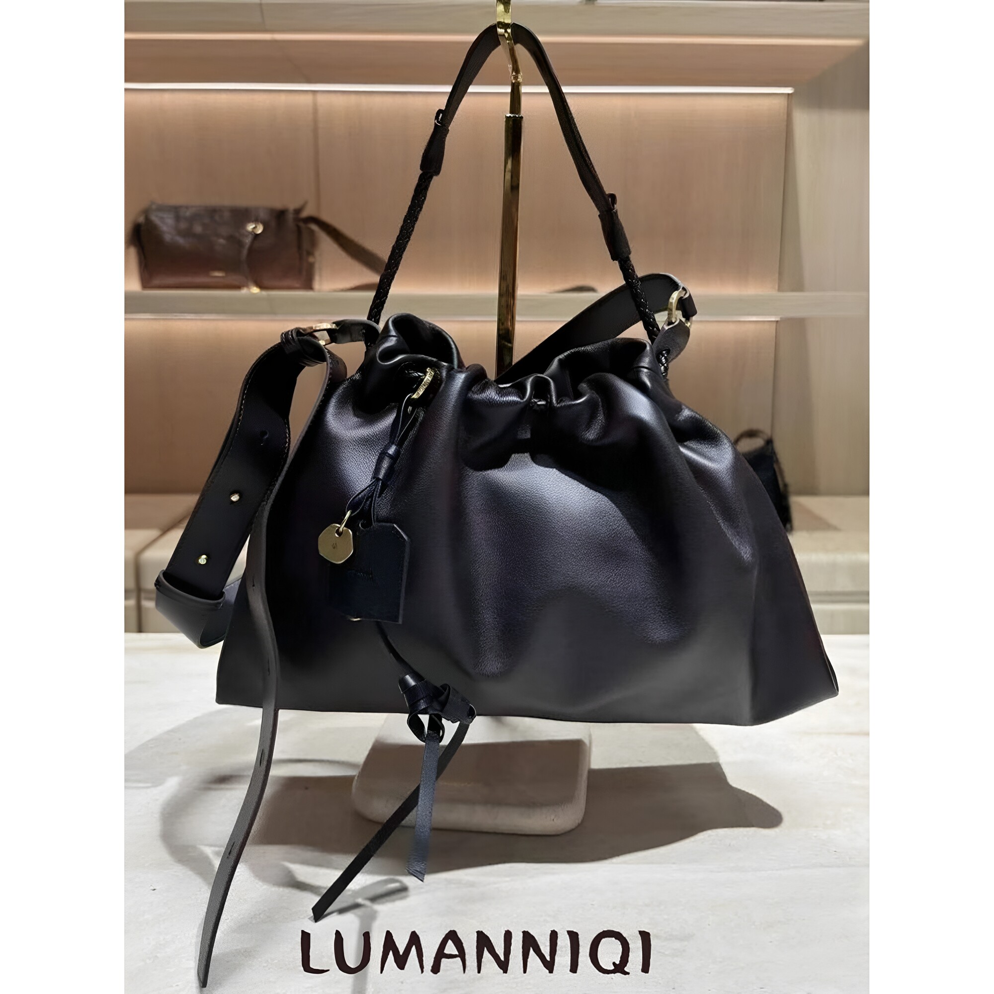 LUMANNIQI抽绳束口托特包牛皮云朵女大容量垃圾袋斜挎流浪包包女