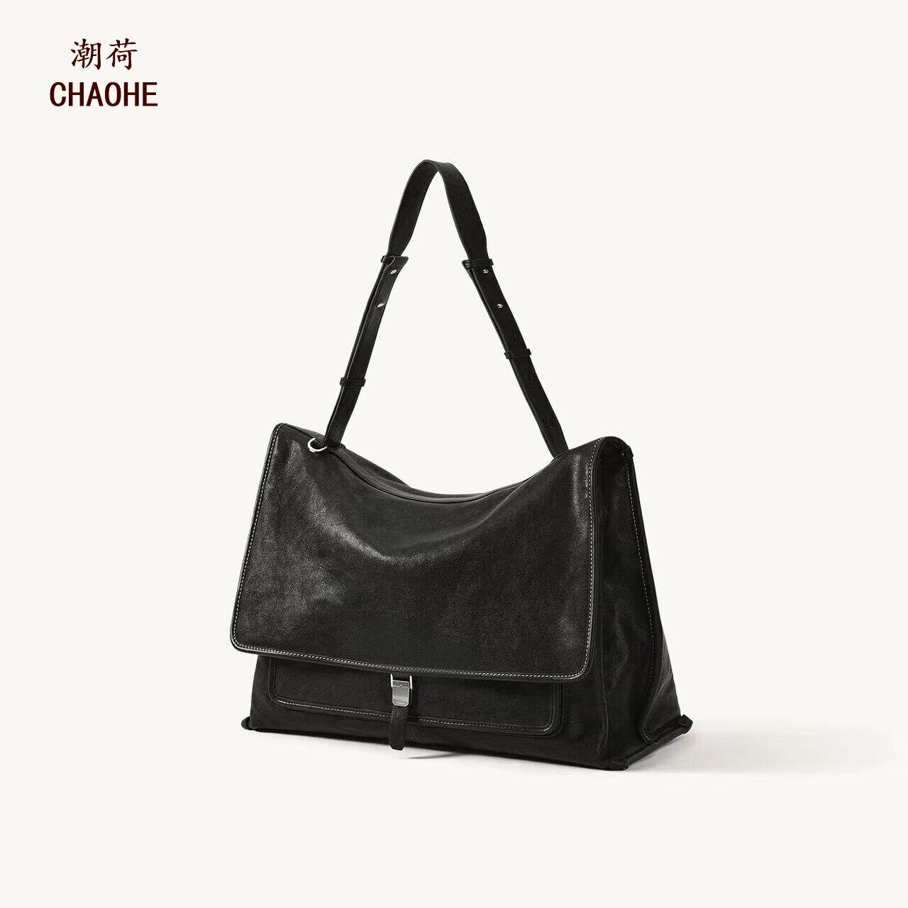 潮荷小众羊皮翻盖手提邮差包大容量复古通勤托特包旅行百搭腋下包