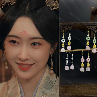 折腰宣璐苏娥皇同款粉晶雕刻花平安扣耳环中国风清新汉服配饰耳夹