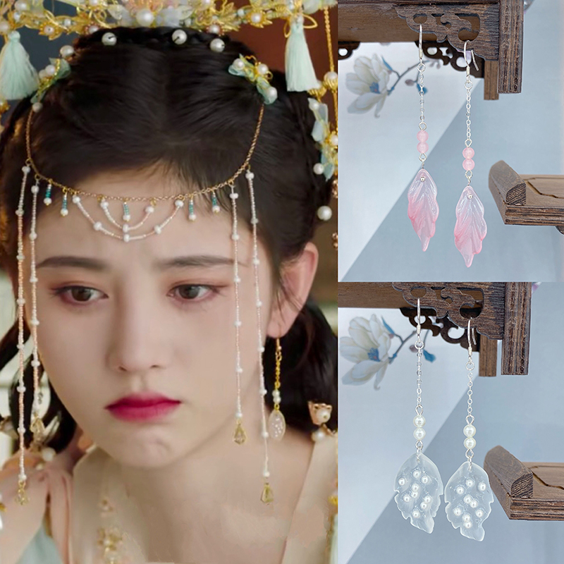 S925银钩嘉南传姜保宁鞠婧祎同款琉璃树叶耳环全新清新古风长耳饰