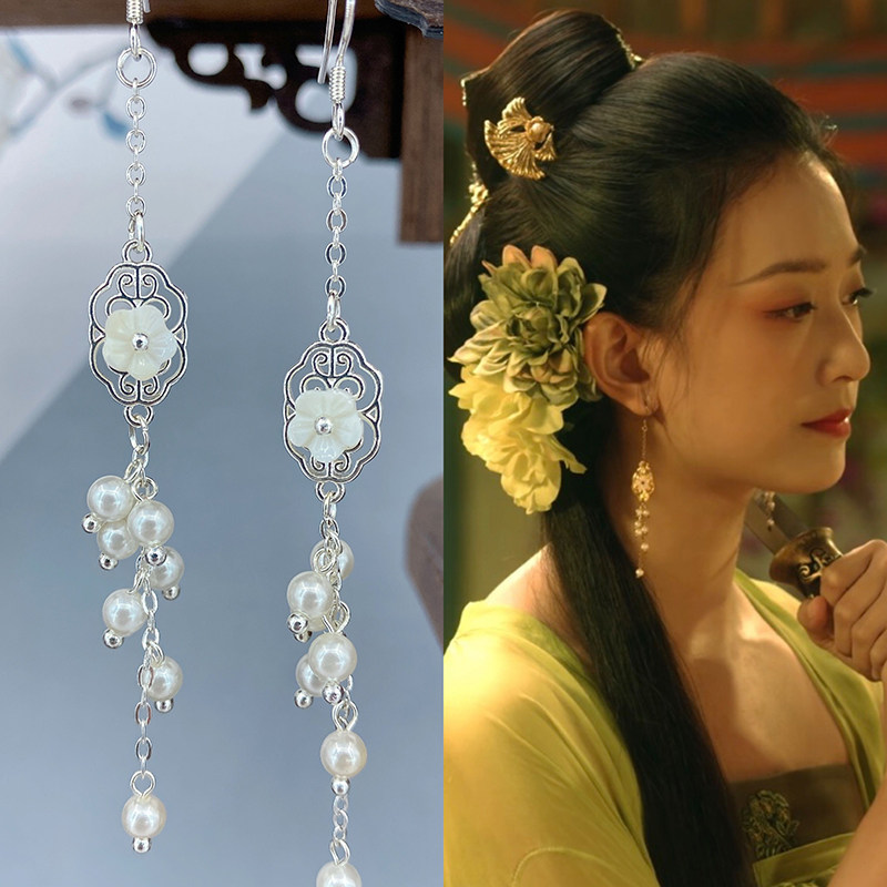 s925银钩雪中悍刀行鱼幼薇同款珍珠耳环古风甜美花朵流苏耳饰耳夹
