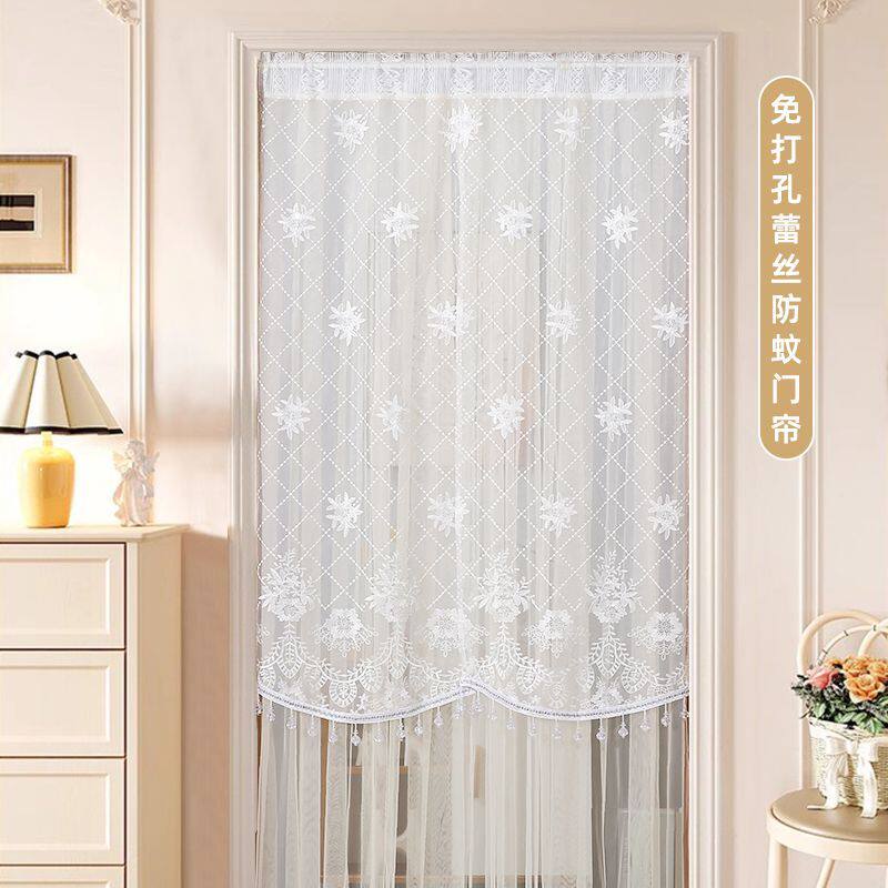 门帘蕾丝纱帘夏季防蚊家用卧室双层纱隔断窗装饰隐私免打孔吊珠帘