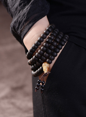印尼黑檀木手串108佛珠男女紫光檀桶珠手链乌木情侣饰品毛衣链