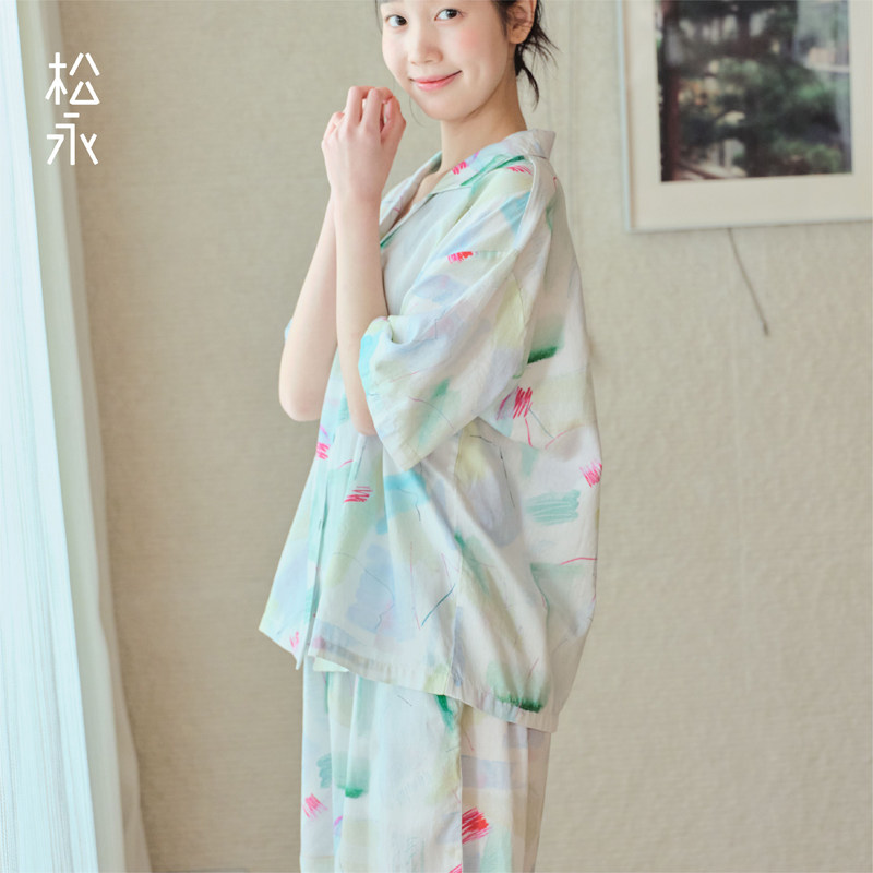 松永夏季纯棉花卉印花睡衣女短袖短裤薄款宽松家居服套装氧气感
