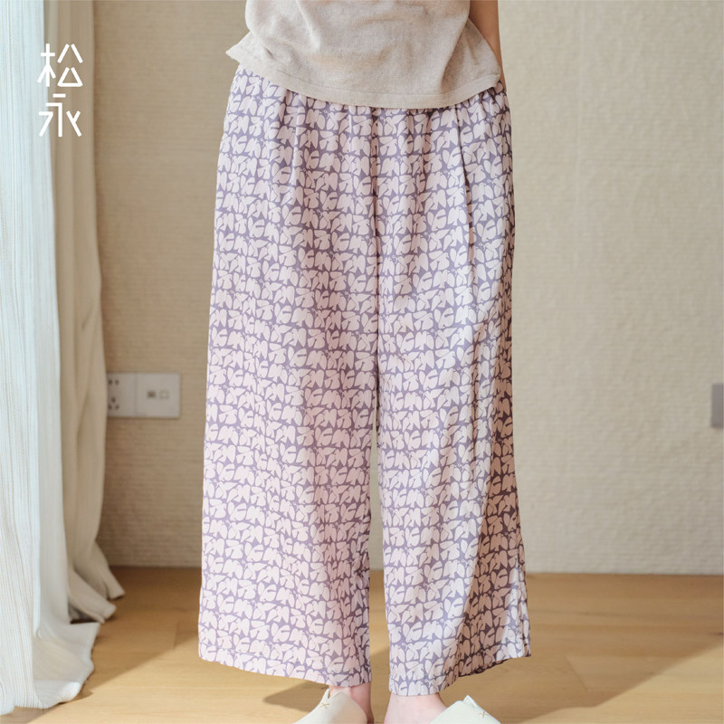 松永春夏复古格纹阔腿裤女九分裤松紧腰抽绳慵懒休闲裤睡裤可外穿
