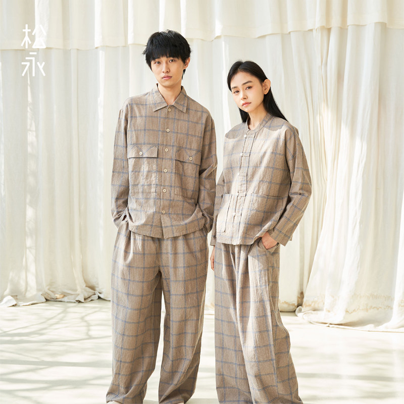松永春夏棉+木棉男女情侣长袖长裤家居服睡衣大格子休闲百搭套装