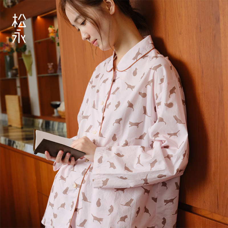 松永26年秋新款纯棉猫咪印花长袖长裤睡衣女翻领家居服舒适居家风
