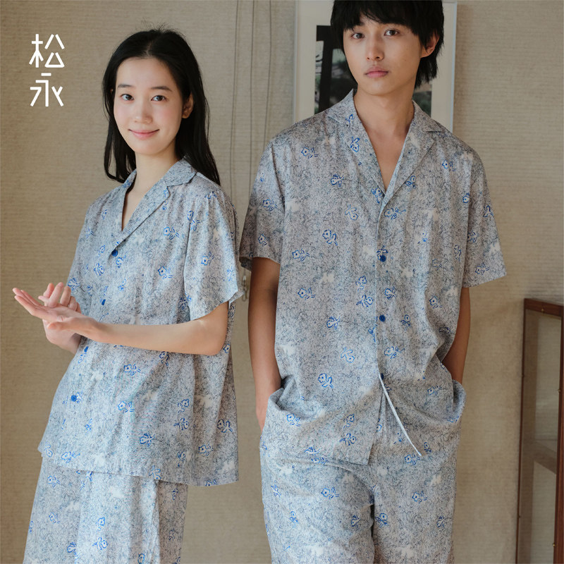 松永新款春夏男女情侣同款印花衬衫领睡衣套装短袖短裤柔软家居服