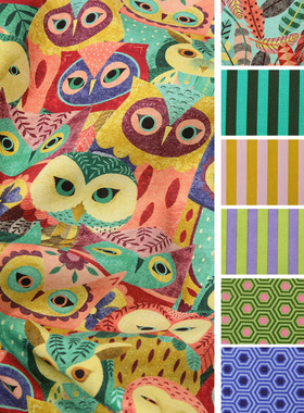 猫头鹰印花彩色水玉条纹罗旺进口棉布拼布服装面料手工diy45*55cm