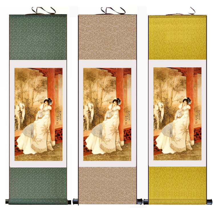 仿古古画仕女图丝绸画古装美女工笔画室内装饰画当风自可吟