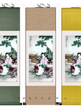 新品吹箫仕女图丝绸卷轴画 客厅书房玄关装饰画古典乐器美女壁画