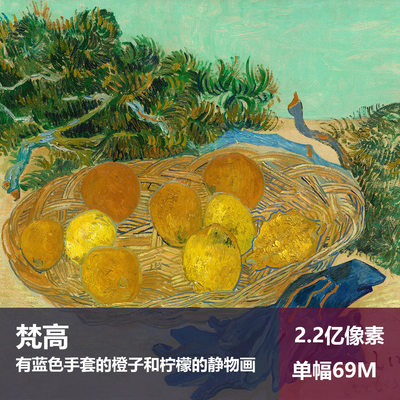 蓝手套、橙子和柠檬静物画梵高高清油画原版作品装饰画图片素材