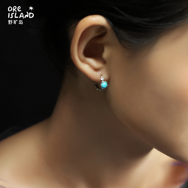 野矿岛绿松石耳饰耳圈925银通勤耳环个性原创设计花朵复古耳环