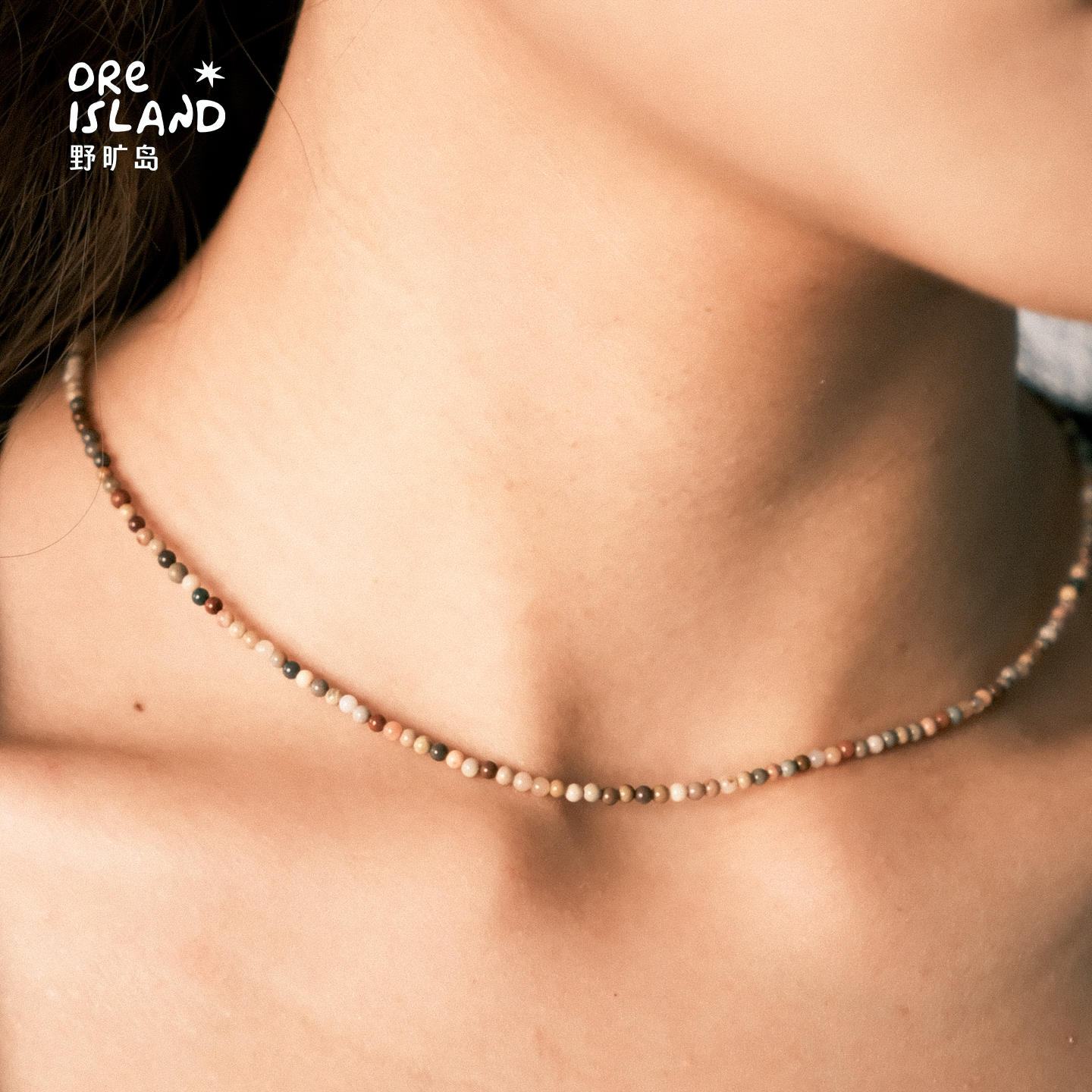 野矿岛石串珠项链锁骨链女美拉德