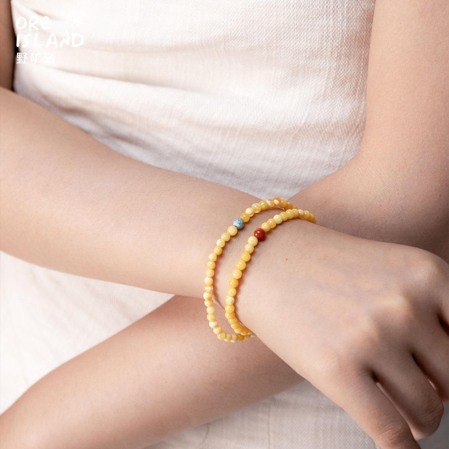 野矿岛天然琥珀蜜蜡手串原矿黄蜜搭配天然绿松石南红细小显白手链