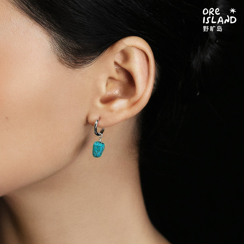 野矿岛925银原矿天然蓝绿松石耳饰原创设计耳环耳圈男女同款异形