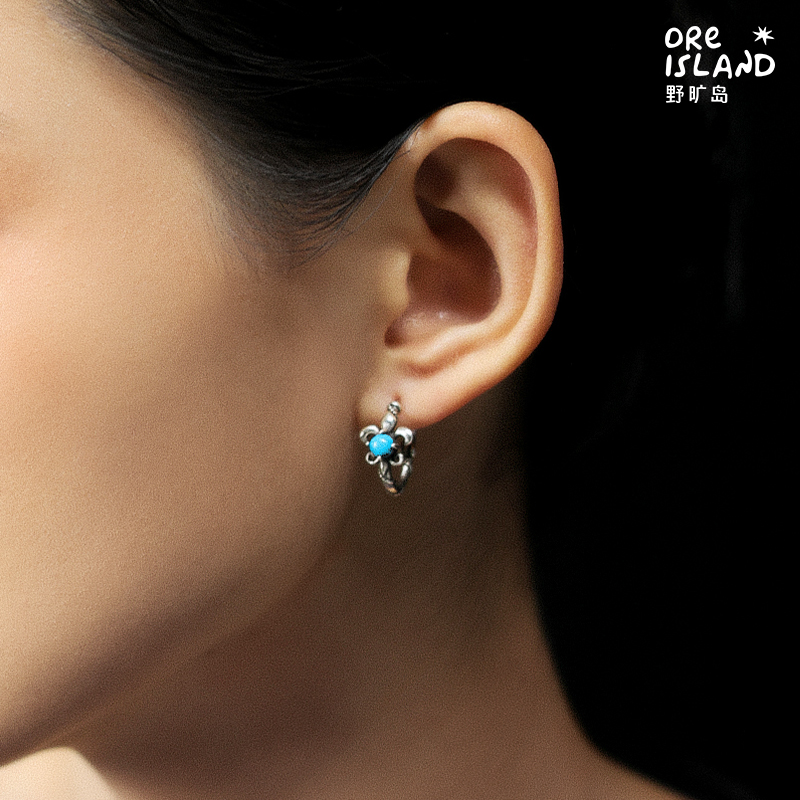 野矿岛925银绿松石耳饰镶嵌耳环个性时尚耳圈原创设计花朵复古