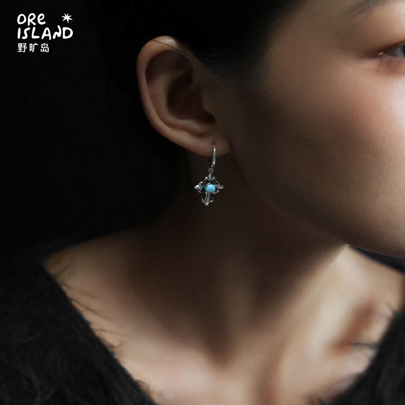 野矿岛原矿绿松石镶嵌复古925银古着文艺十字架设计感耳环耳饰