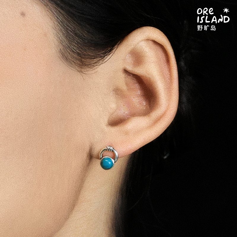 野矿岛925银天然原矿蓝绿松石耳钉镶嵌耳钉耳饰简约通勤男女同款