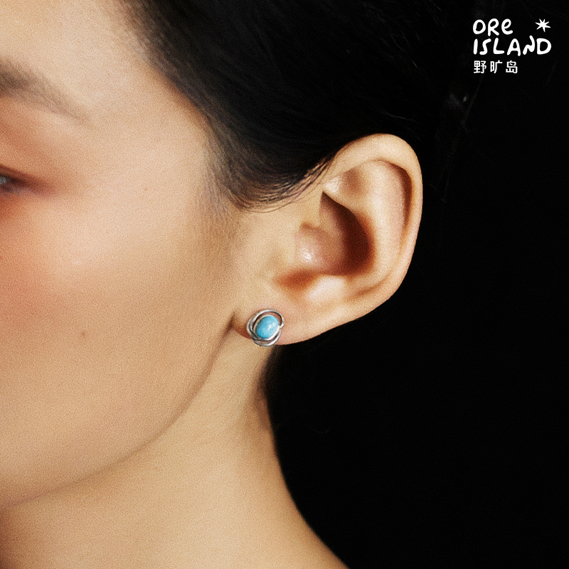 野矿岛925银绿松石简约耳饰耳钉原创设计个性个性耳环帅气