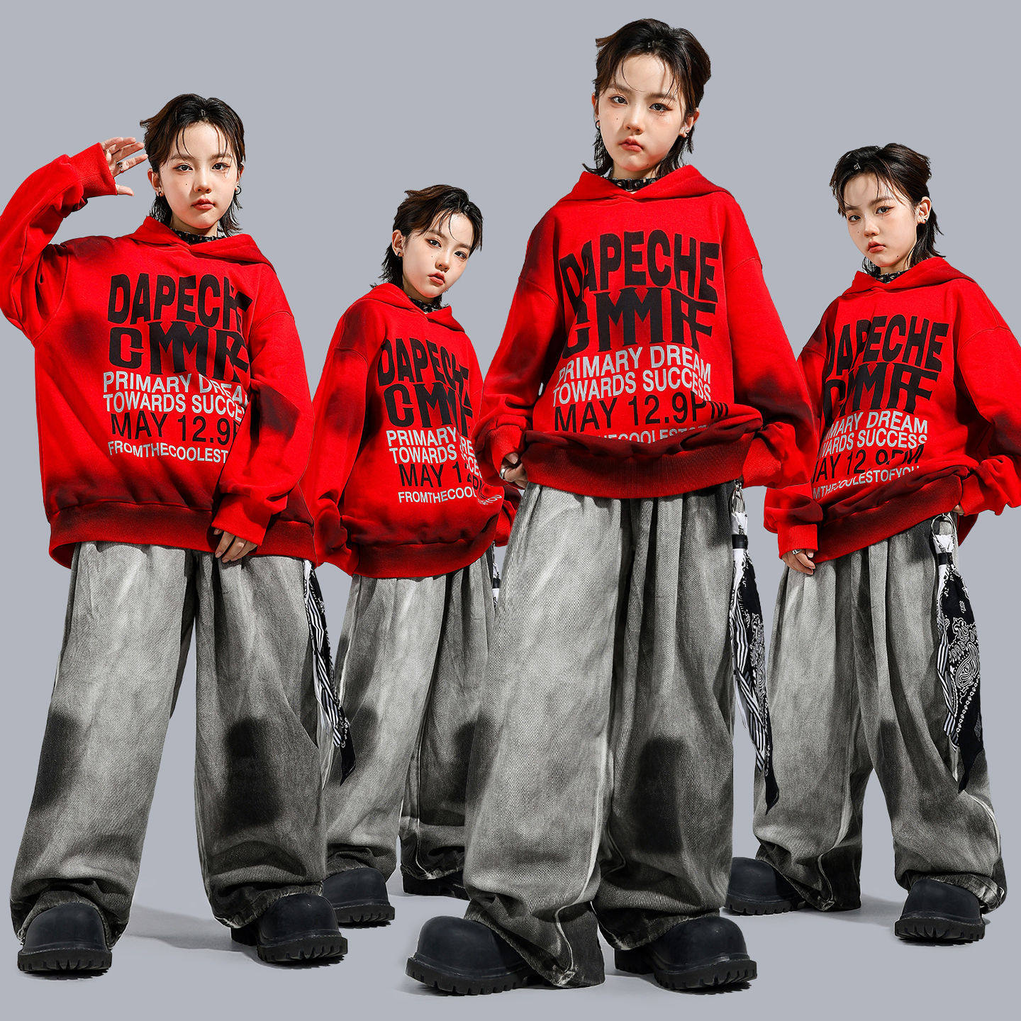 儿童街舞演出服男童嘻哈红色连帽卫衣套装少儿hiphop架子鼓表演服