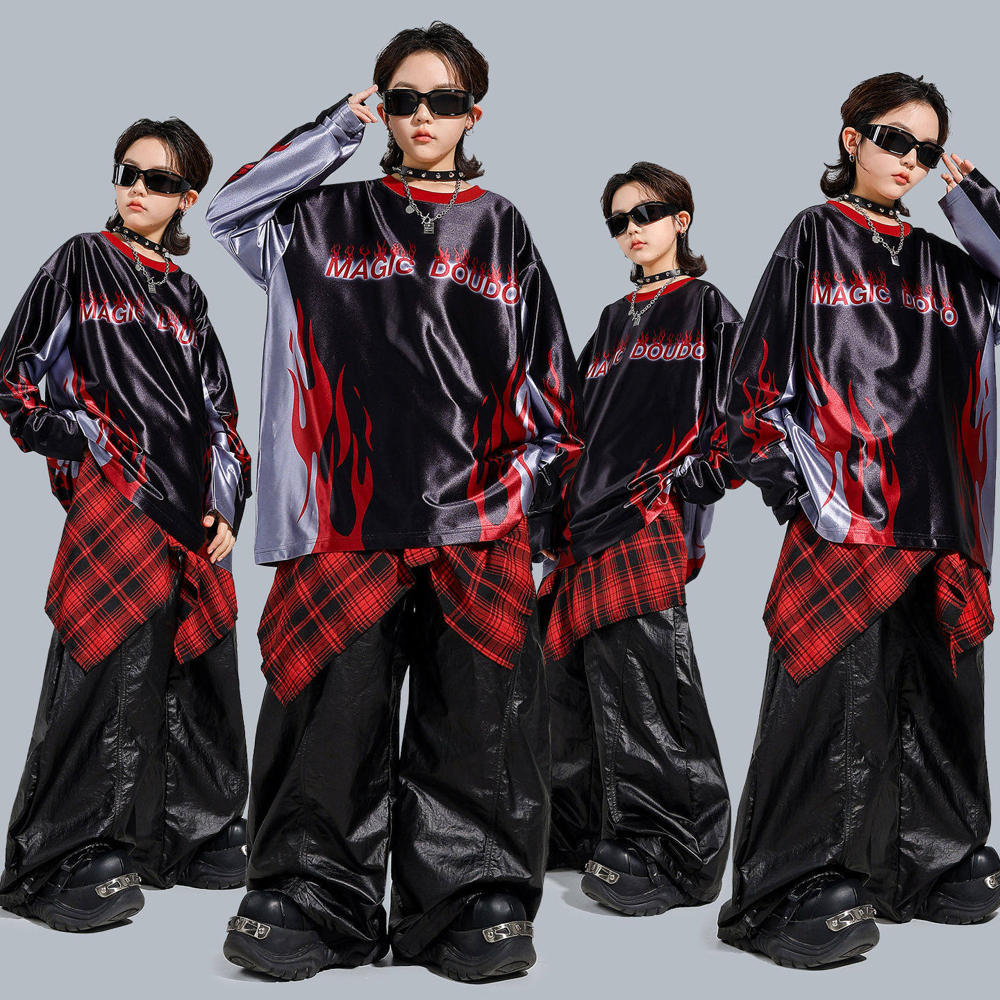 元旦儿童街舞演出服嘻哈潮酷男童亮面架子鼓舞蹈表演服少儿hiphop