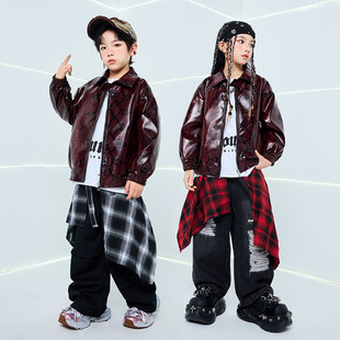 儿童街舞演出服爵士舞套装 棕红色皮衣男童潮服少儿hiphop嘻哈女秋