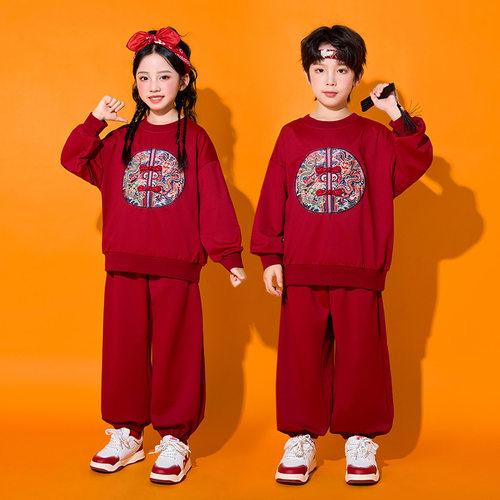 儿童元旦演出服中国风服装合唱服汉服红色喜庆表演古装唐装男女童