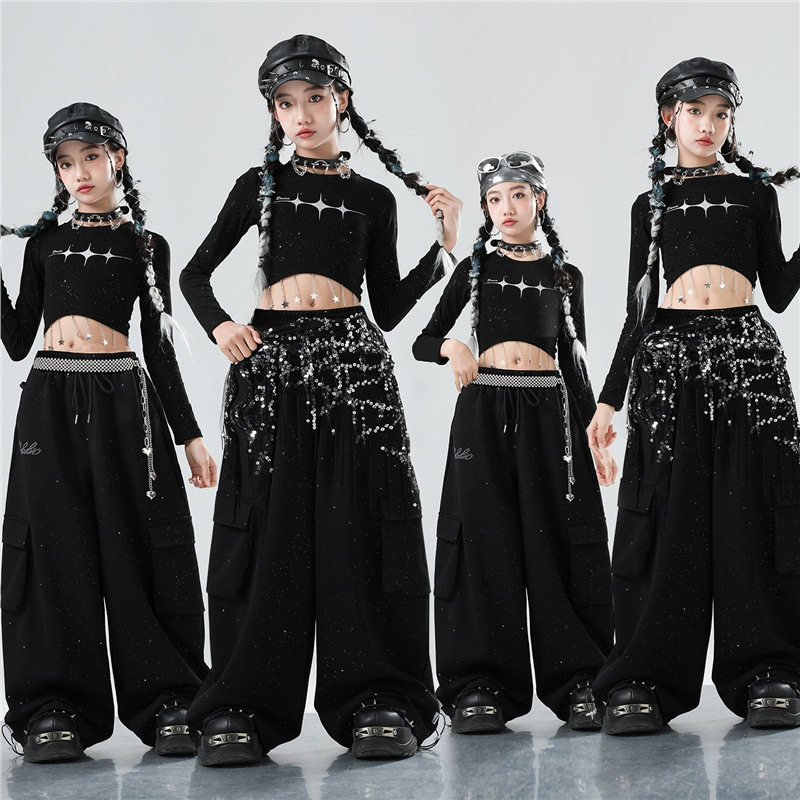 爵士舞女童服装嘻哈少儿jazz舞蹈练功服时髦儿童街舞表演出服女孩