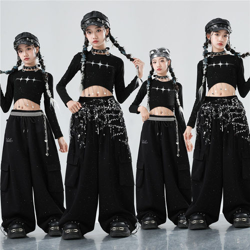 爵士舞女童服装嘻哈少儿jazz舞蹈练功服时髦儿童街舞表演出服女孩