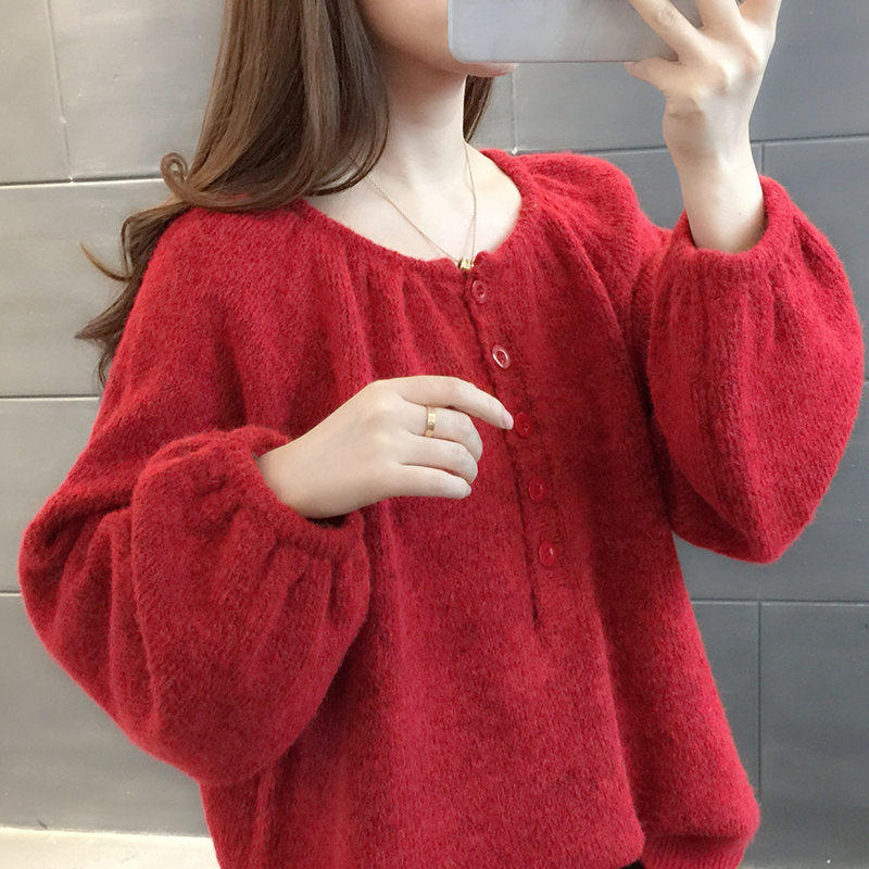 车厘子红色女士毛衣2020春装新款慵懒风宽松外穿针织衫灯笼袖上衣