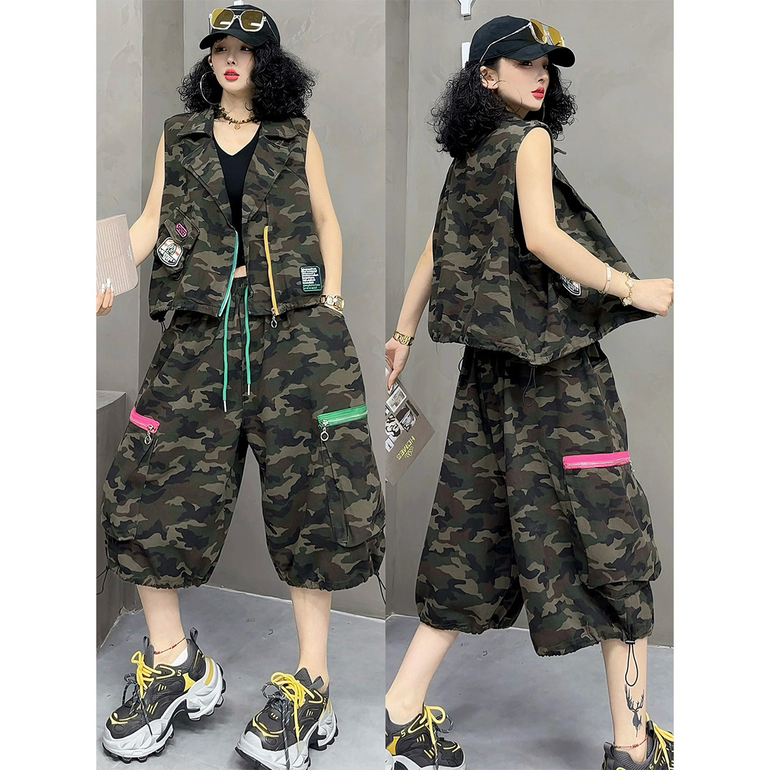 炸街爆款洋气时尚气质迷彩牛仔套装西装马甲+直筒工装束脚灯笼裤