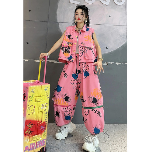 春季韩版涂鸦马甲直筒裤大码套装