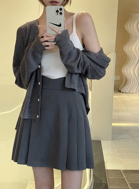 ebenb 灰色a字半身裙女夏高腰显瘦学生百褶裙毛呢黑色jk短裙春秋