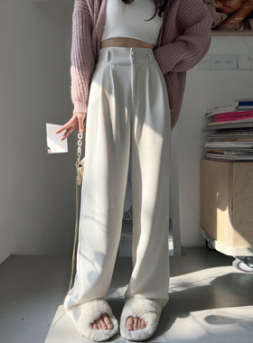 ebenb白色针织雪尼尔阔腿裤女春秋季双扣垂感拖地裤灯芯绒直筒西