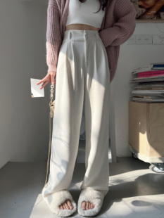 ebenb白色针织雪尼尔阔腿裤女春秋季双扣垂感拖地裤灯芯绒直筒西