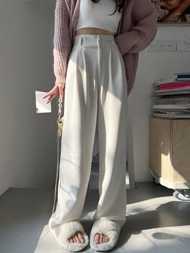 白色针织雪尼尔阔腿裤女双扣