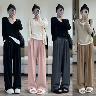 ebenb 黑色抽绳西装裤女高腰垂感休闲冰丝裤胖mm高级感直筒阔腿裤